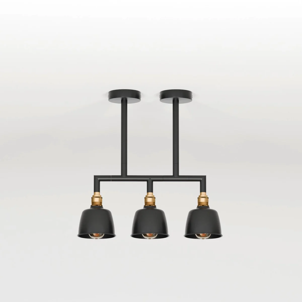 Three-light industrial pendant light with metal conduit pipes and dome shades, ceiling mounted, vintage style