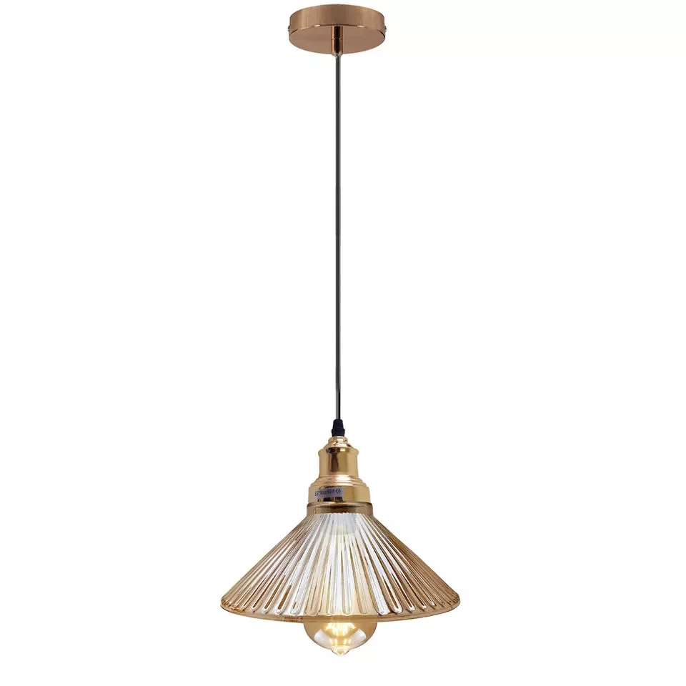 Vintage amber glass adjustable ceiling pendant with single head and E27 bulb holder hanging from black cord