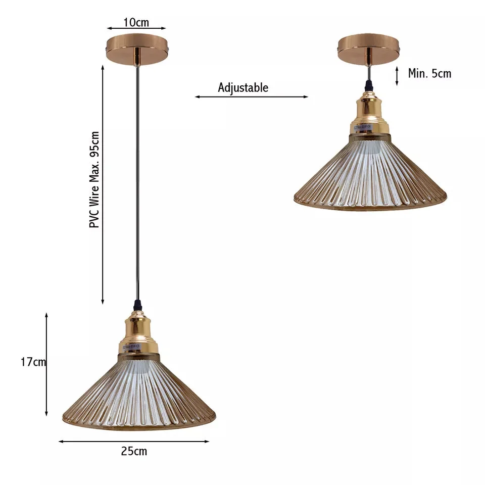 Adjustable vintage amber glass pendant light with amber shade and metal ceiling mount hanging from black PVC cable
