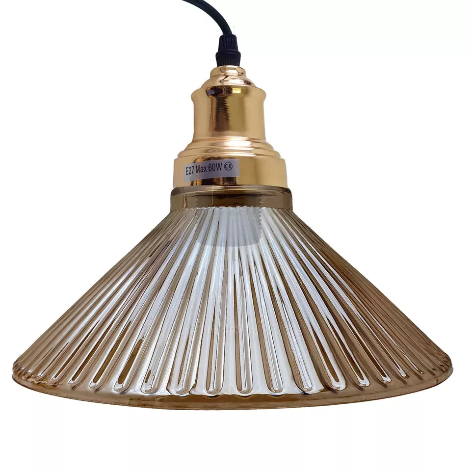 Vintage amber glass corded ceiling light with adjustable hanging and E27 bulb holder against white background
