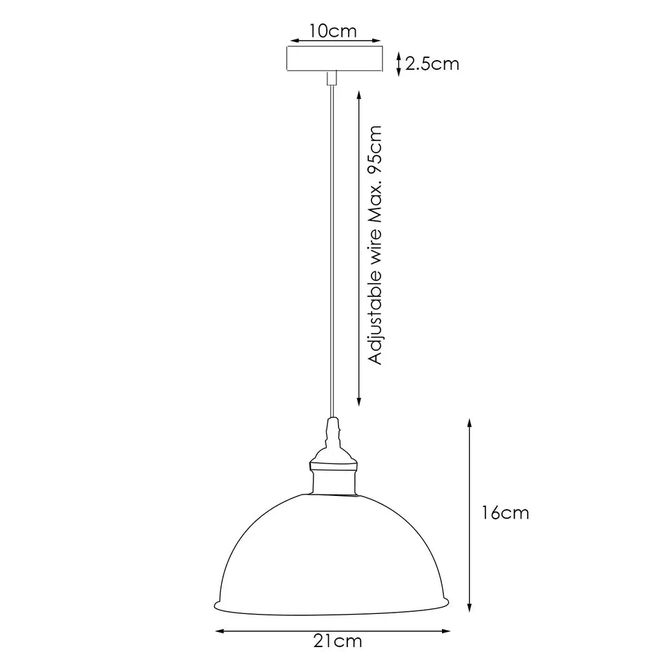 Vintage metal E27 bulb pendant light with polished shade and adjustable 95cm cable, ceiling mounted downlight