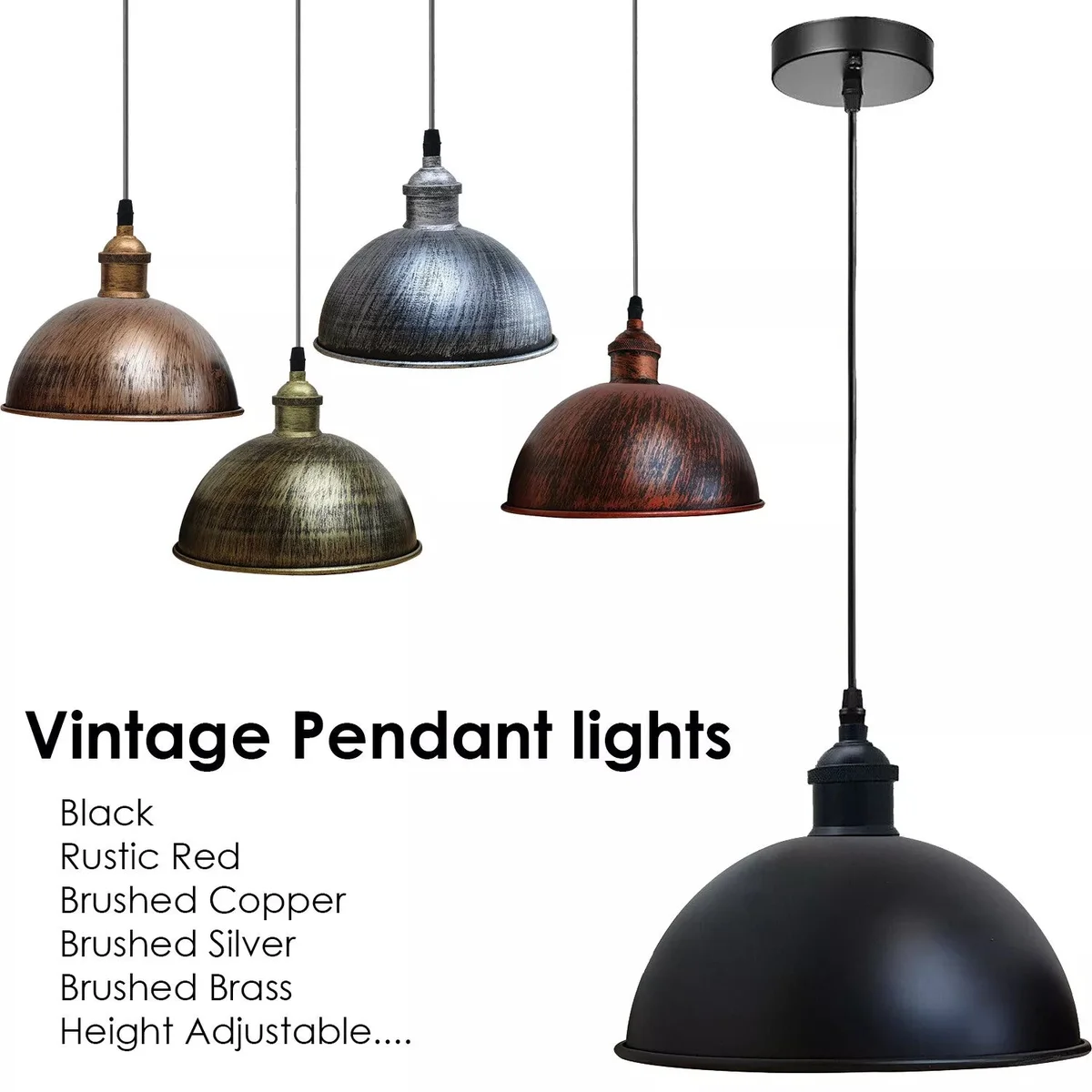 Vintage style metal pendant light with polished metal shade and adjustable 95cm PVC cable hanging from ceiling