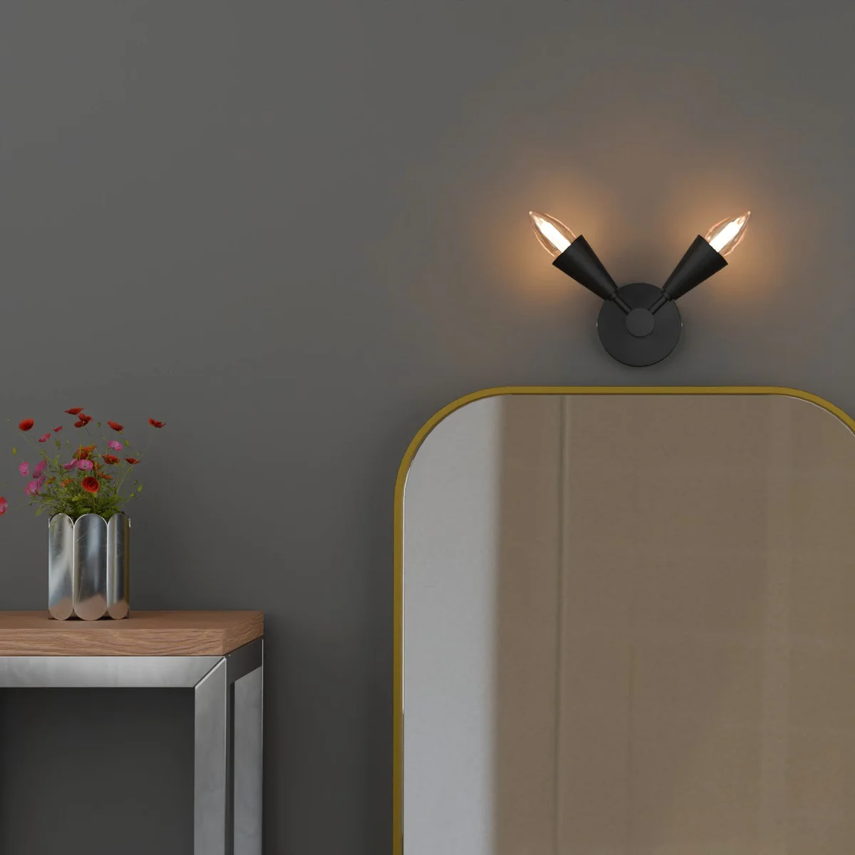Modern Connie 2-light metal adjustable wall light with long cone-shaped shades in matte finish, ideal for indoor decor