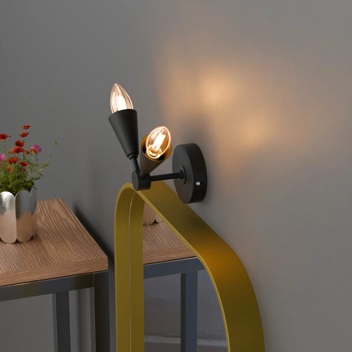 Modern Connie 2-light wall sconce with adjustable metal cones and dimmable LED lamp for indoor wall decor