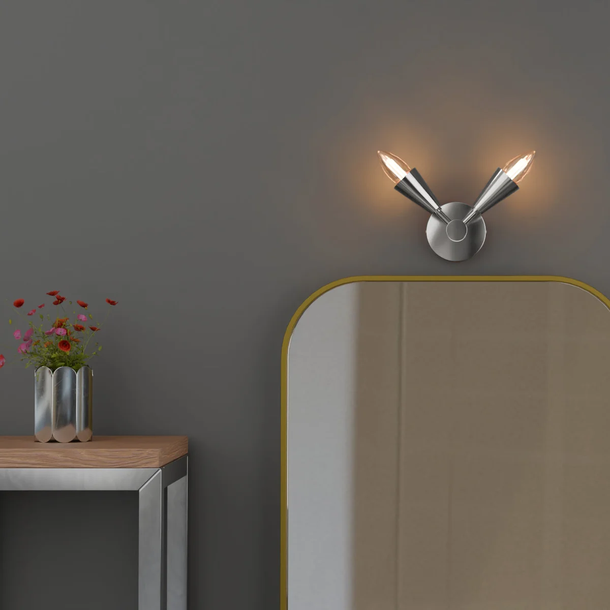 Modern double-cone metal wall sconce with adjustable LED E14 bulbs mounted on a white wall in a living room setting