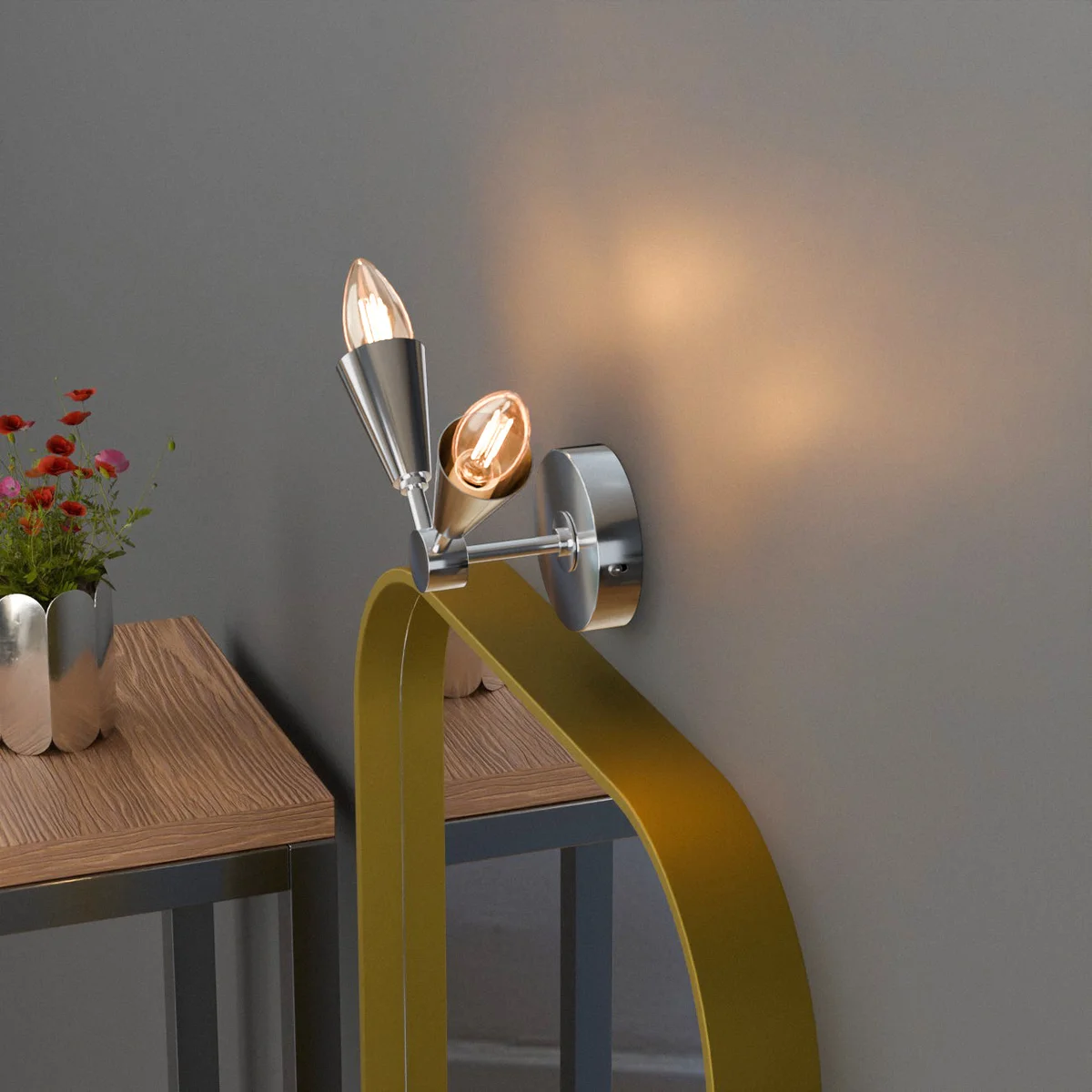 Modern wall sconce with two adjustable long cone-shaped metal shades and E14 LED bulbs mounted on a wall.