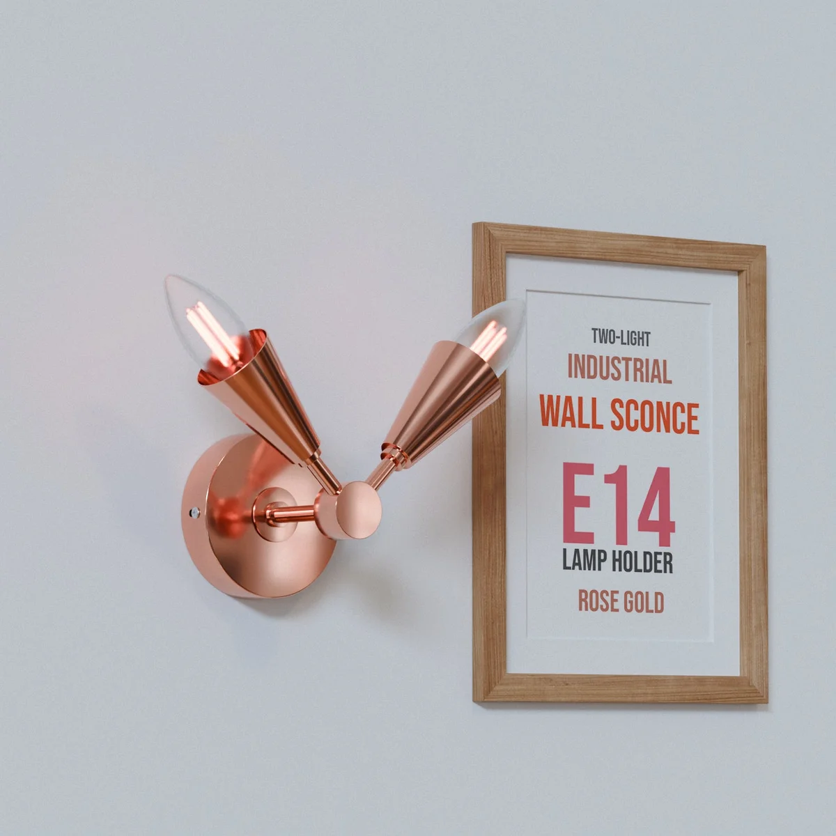 Double-cone modern wall sconce with adjustable metal arms and E14 LED bulbs mounted on a white wall background