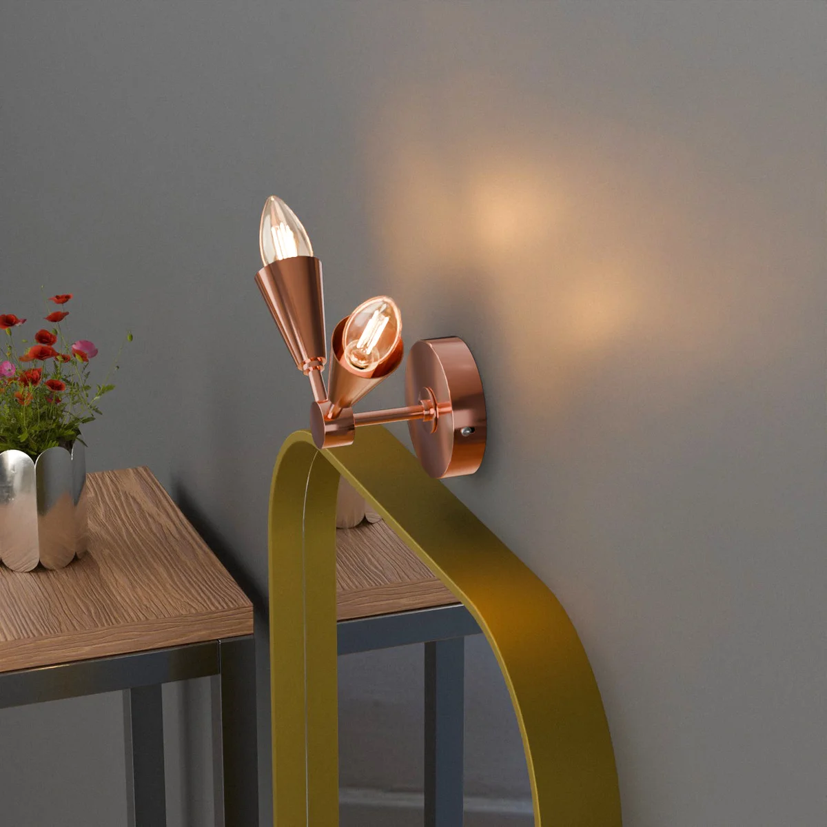 Double-cone modern wall sconce in metal with adjustable LED lights, ideal for indoor wall mounting and dimmable use