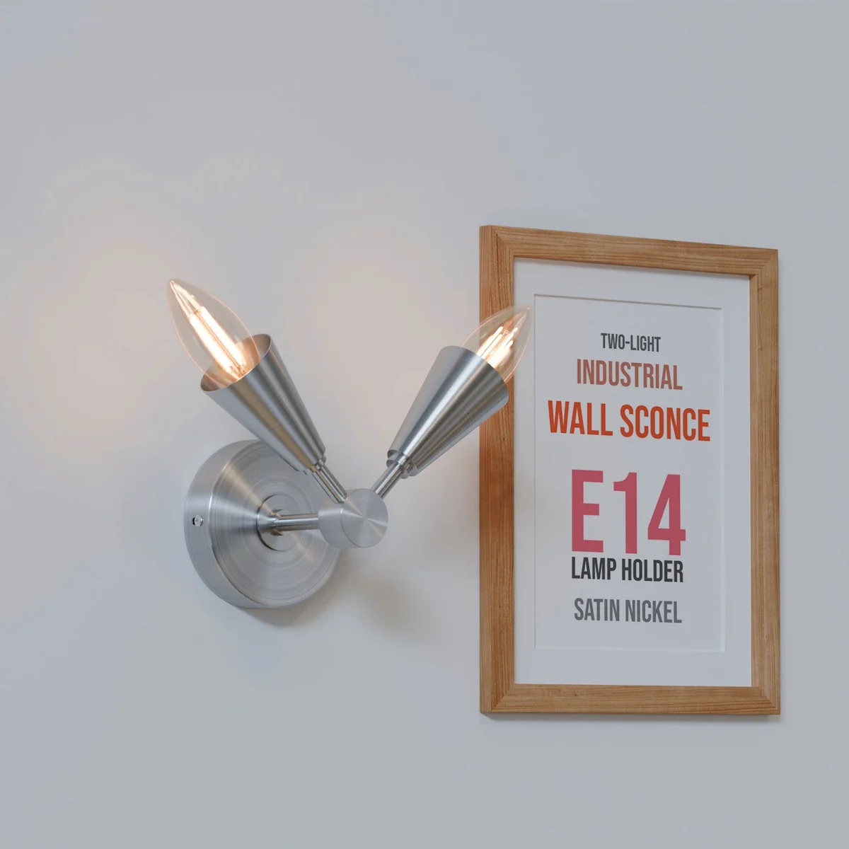 Modern wall sconce with two adjustable long cone-shaped LED lights in metal finish, ideal for indoor wall mounting.