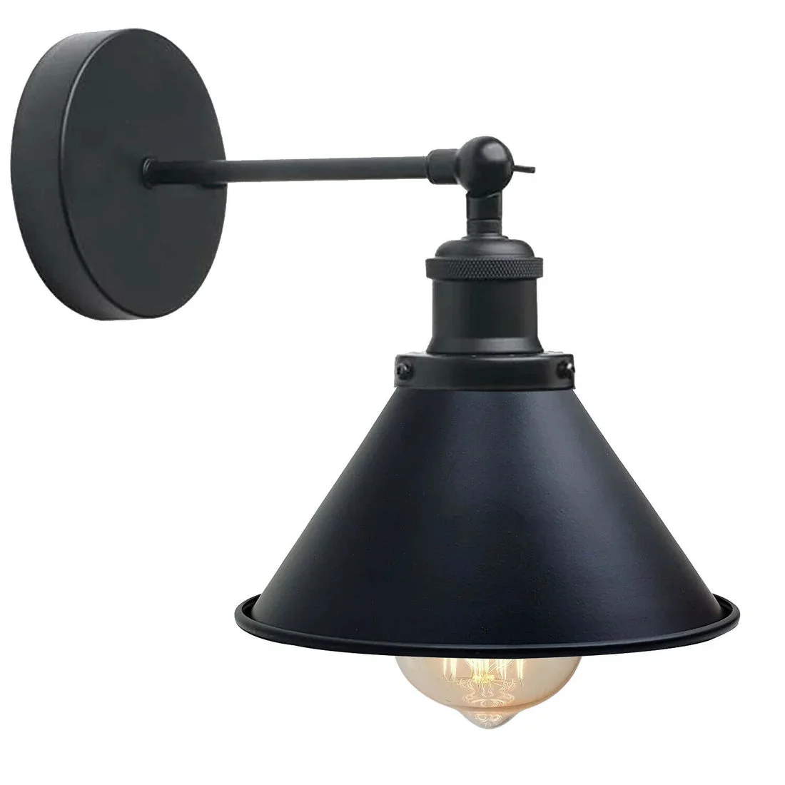 Black wall lamp with cone-shaped metal shade, swing arm design, and E27 bulb holder on a white background