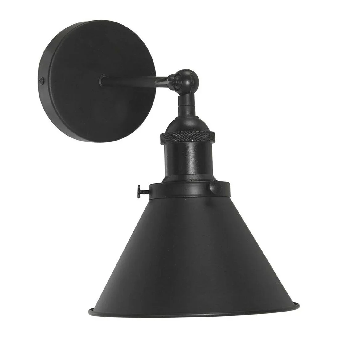 Black cone industrial style wall light with E27 holder and adjustable swing arm, metal construction, UK plug included