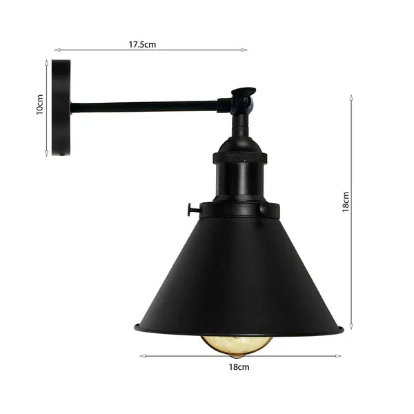 Black metal cone swing arm wall lamp with E27 holder and UK plug, industrial style for rustic home decor