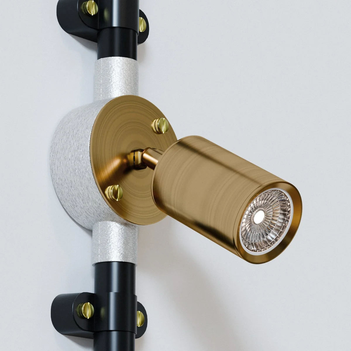 Modern yellow brass adjustable ceiling spotlight with cylindrical metal design and adjustable arm for directional lighting