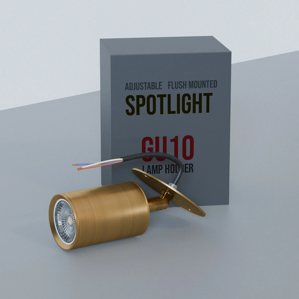 Modern cylindrical yellow brass GU10 spotlight fitting with adjustable arm mounted on a ceiling plate for conduit lighting