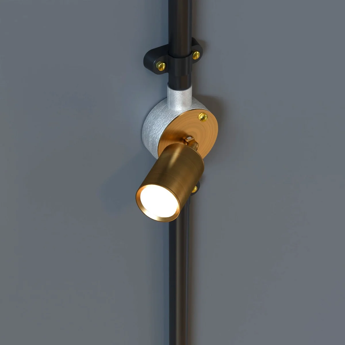 Modern yellow brass adjustable ceiling spotlight with cylindrical metal design and adjustable arm mounted on ceiling plate
