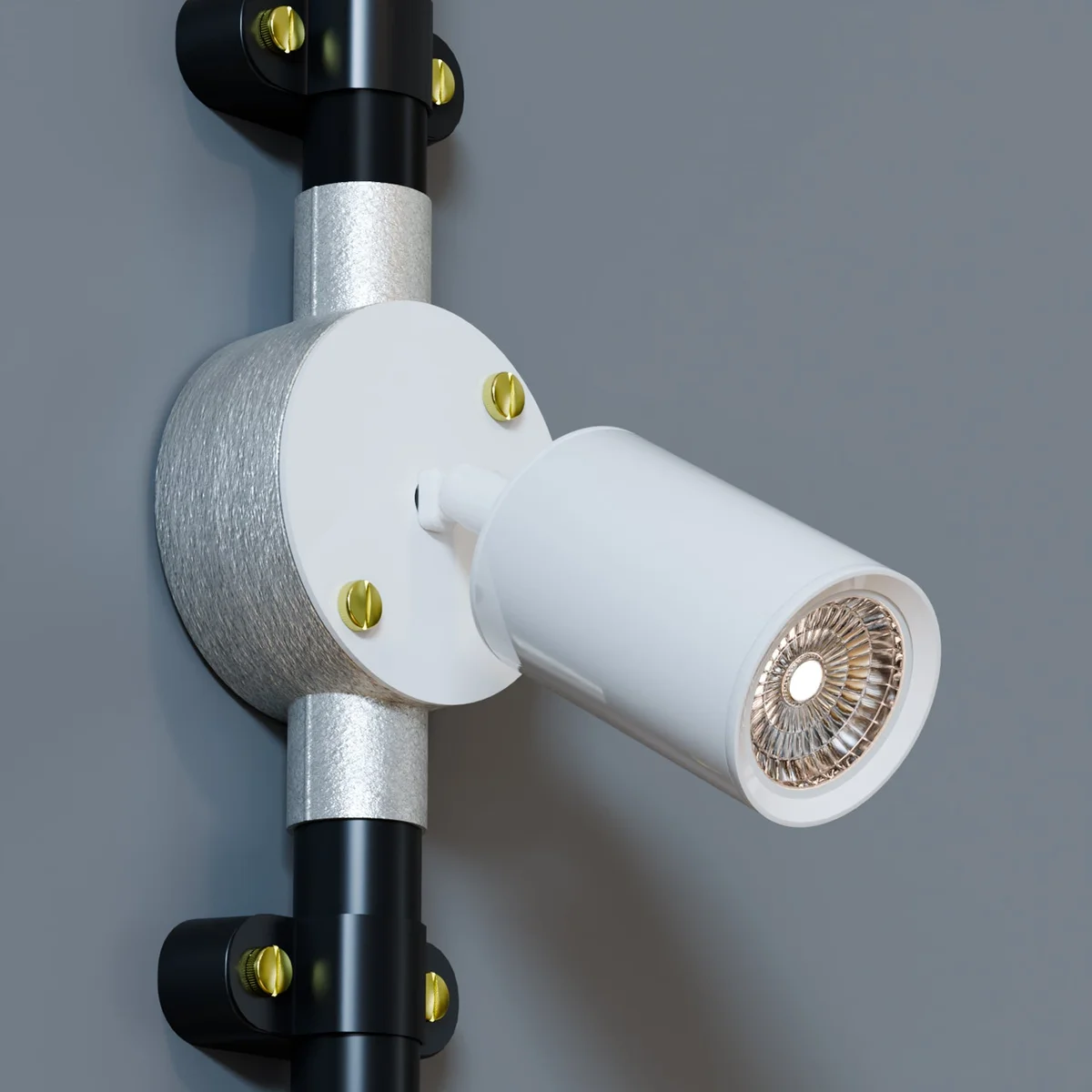 Modern yellow brass adjustable ceiling spotlight with cylindrical design and adjustable arm mounted on white ceiling plate