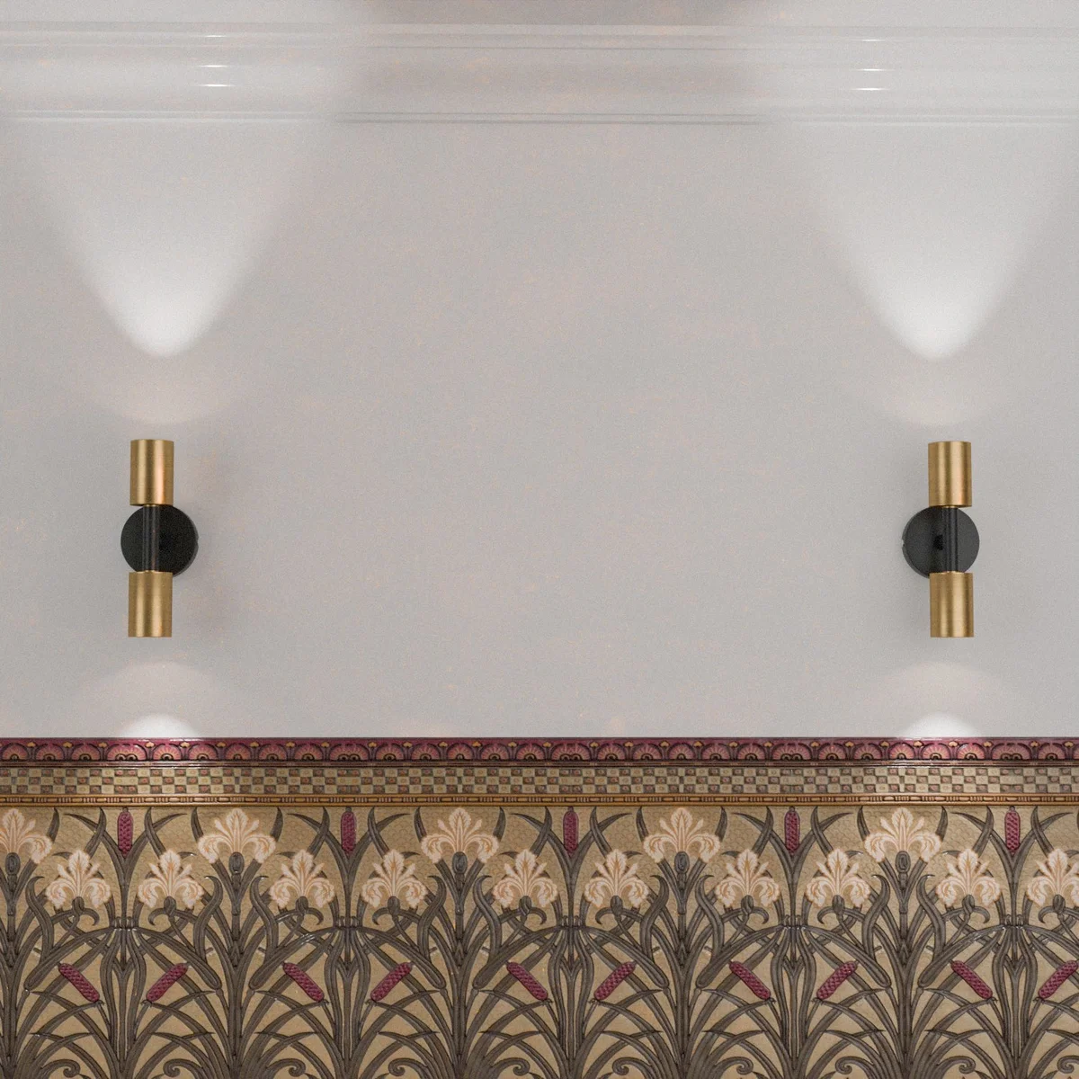 Modern double head wall light with two cylindrical metal GU10 spotlight heads in sleek conduit design