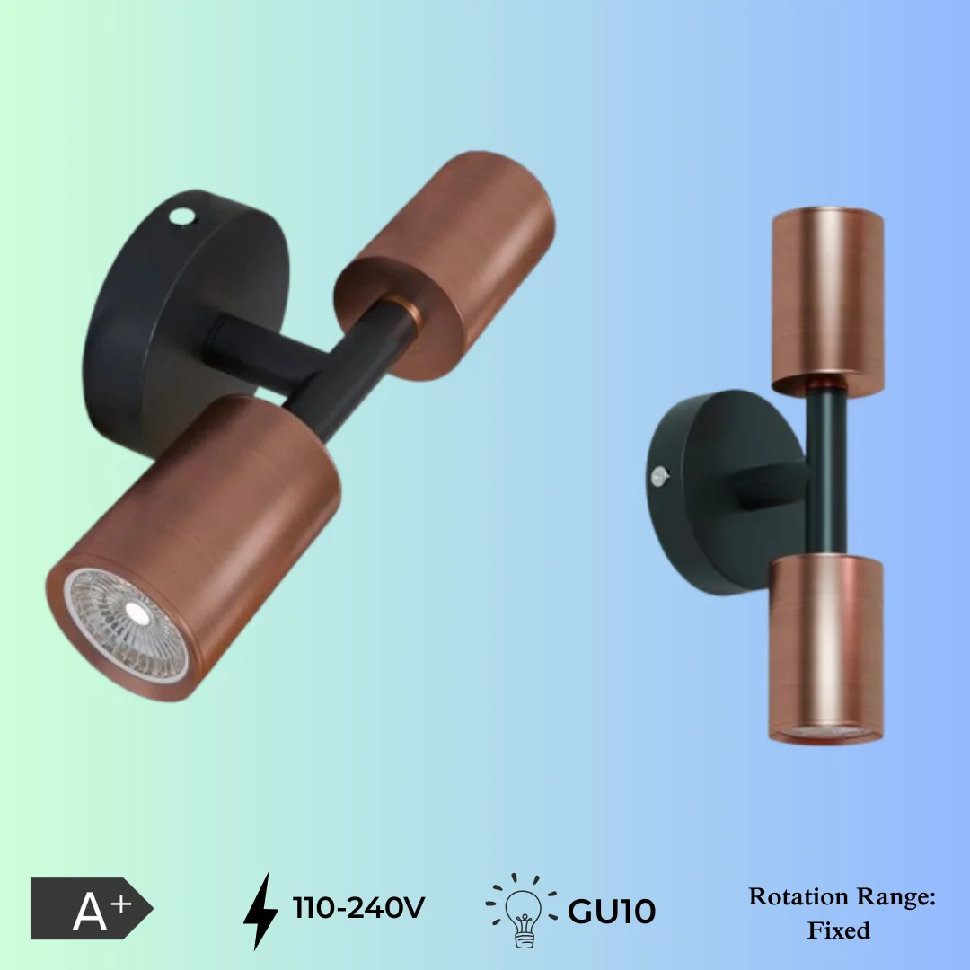 Double head modern metal wall lamp with cylindrical GU10 spotlights mounted on sleek conduit fixture