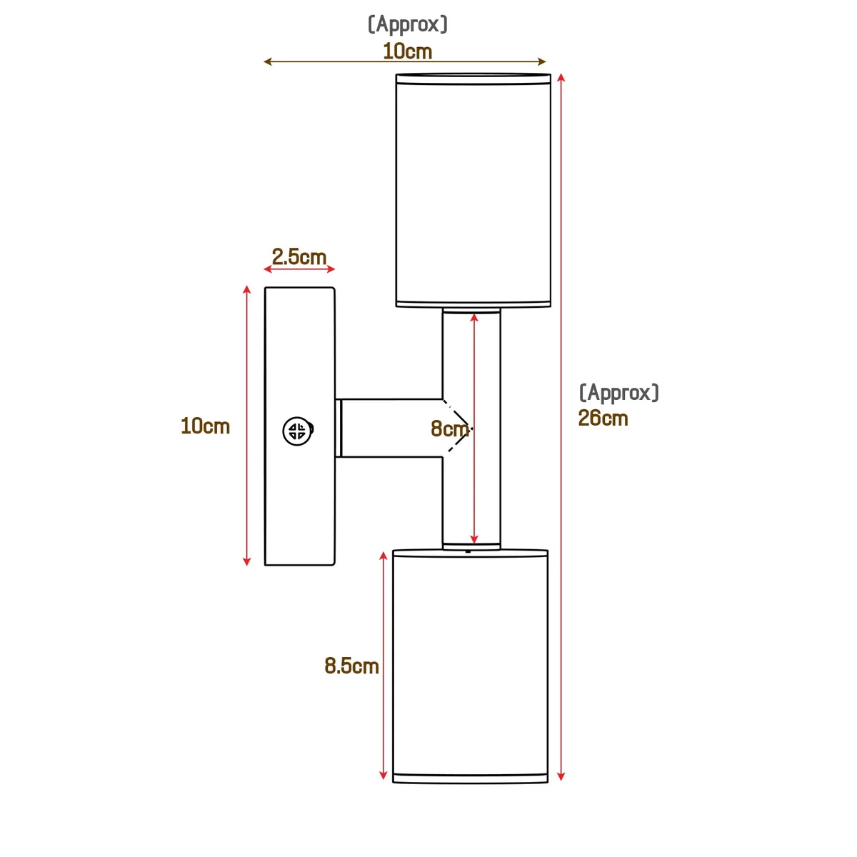 Double head indoor fixed wall light with metal cylindrical shades and sleek modern design mounted on white wall