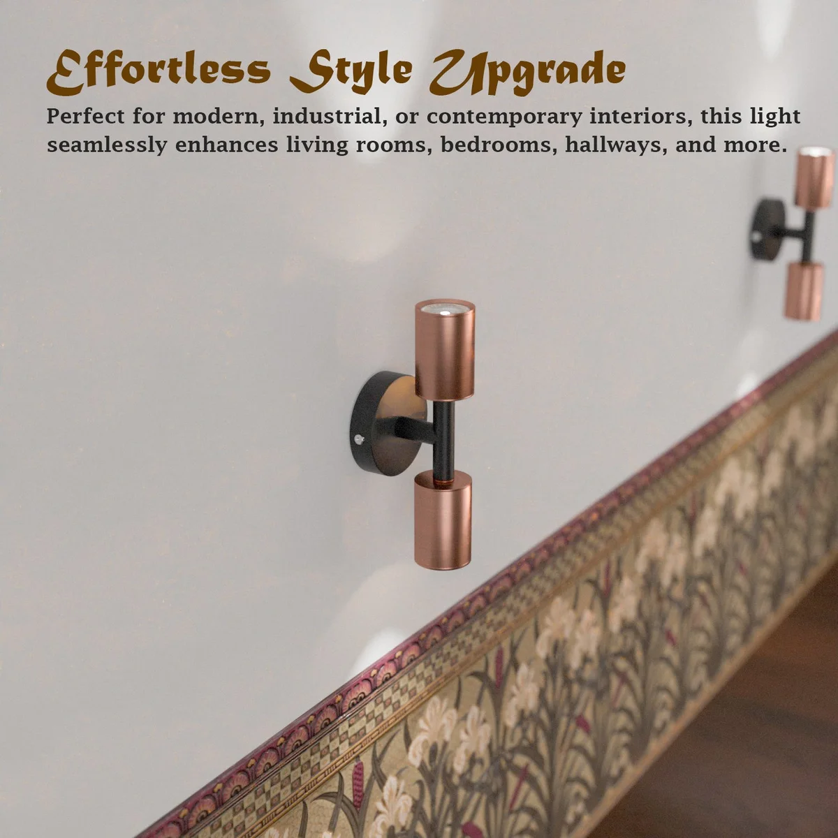 Double head dimmable GU10 wall light with sleek metal cylindrical heads mounted on a conduit-style base, indoor use.