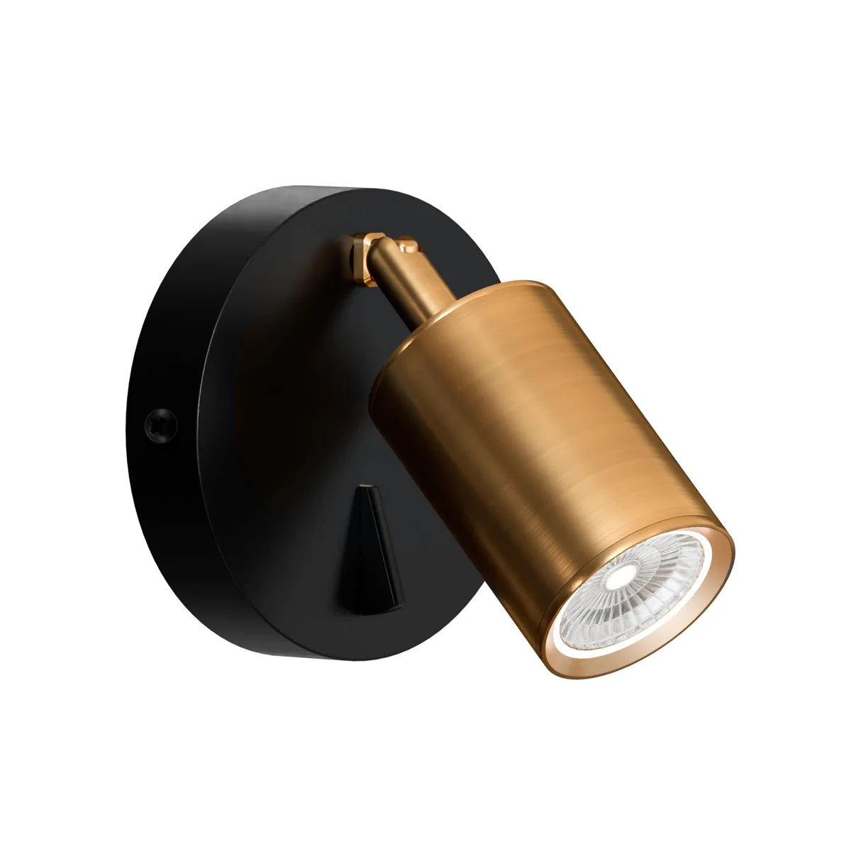 Rotatable wall spotlight with single cylindrical yellow brass head and on-off switch mounted on a metal wall bracket