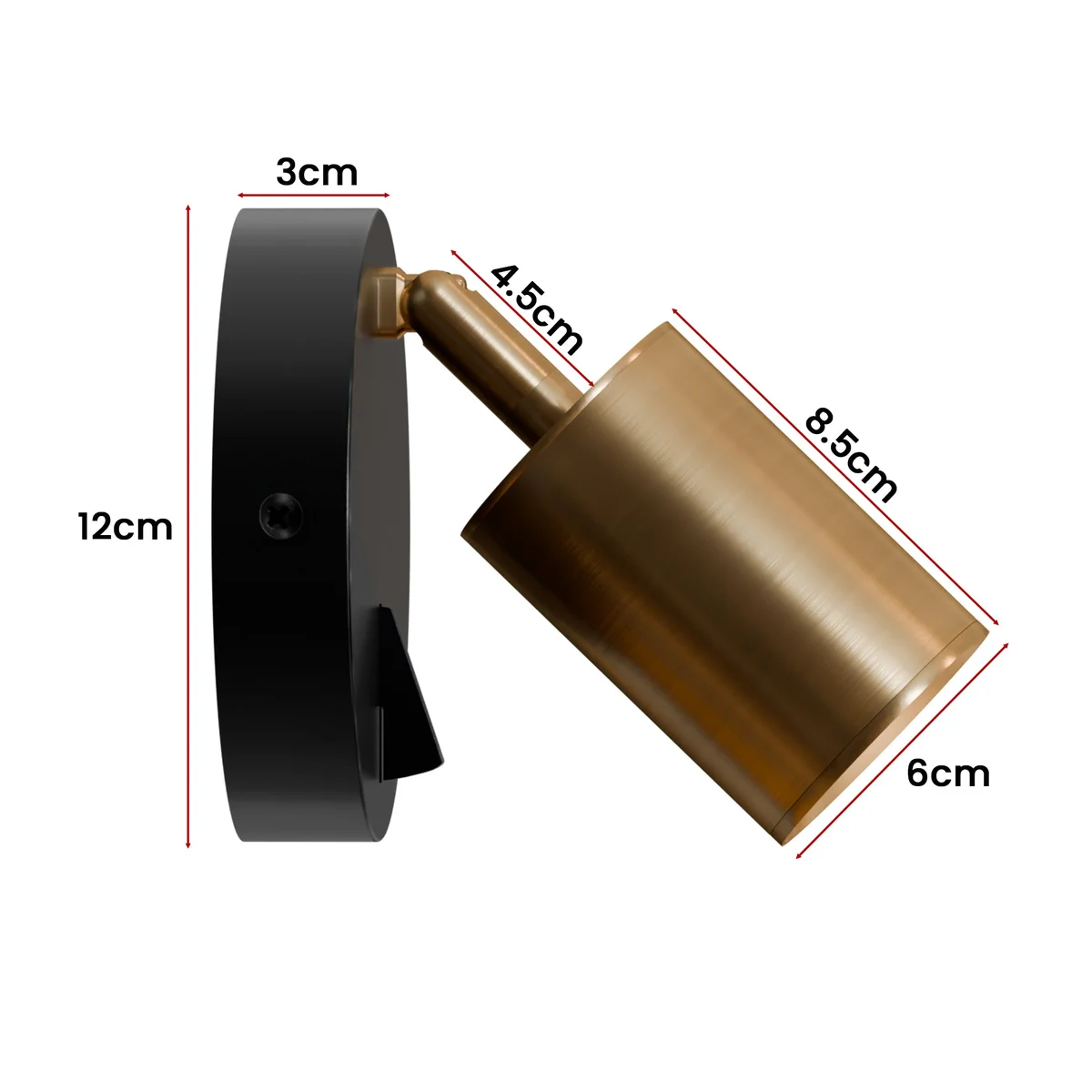 Rotatable yellow brass GU10 wall light with cylindrical spotlight head and on-off switch mounted on a metal base