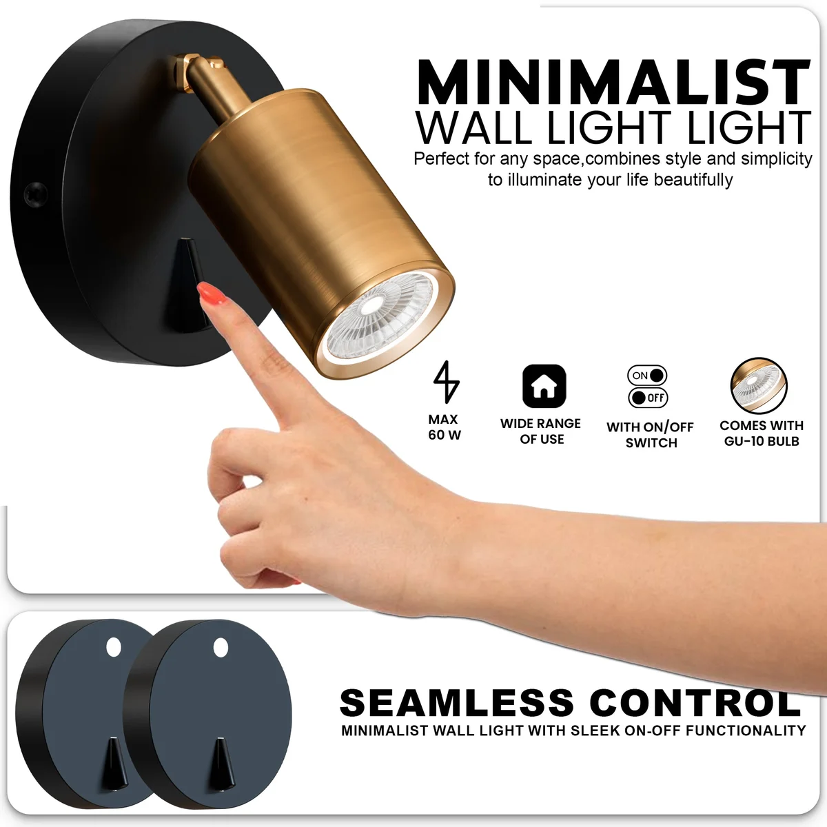 Rotatable wall spotlight in yellow brass with cylindrical head and on-off switch mounted on white wall indoors