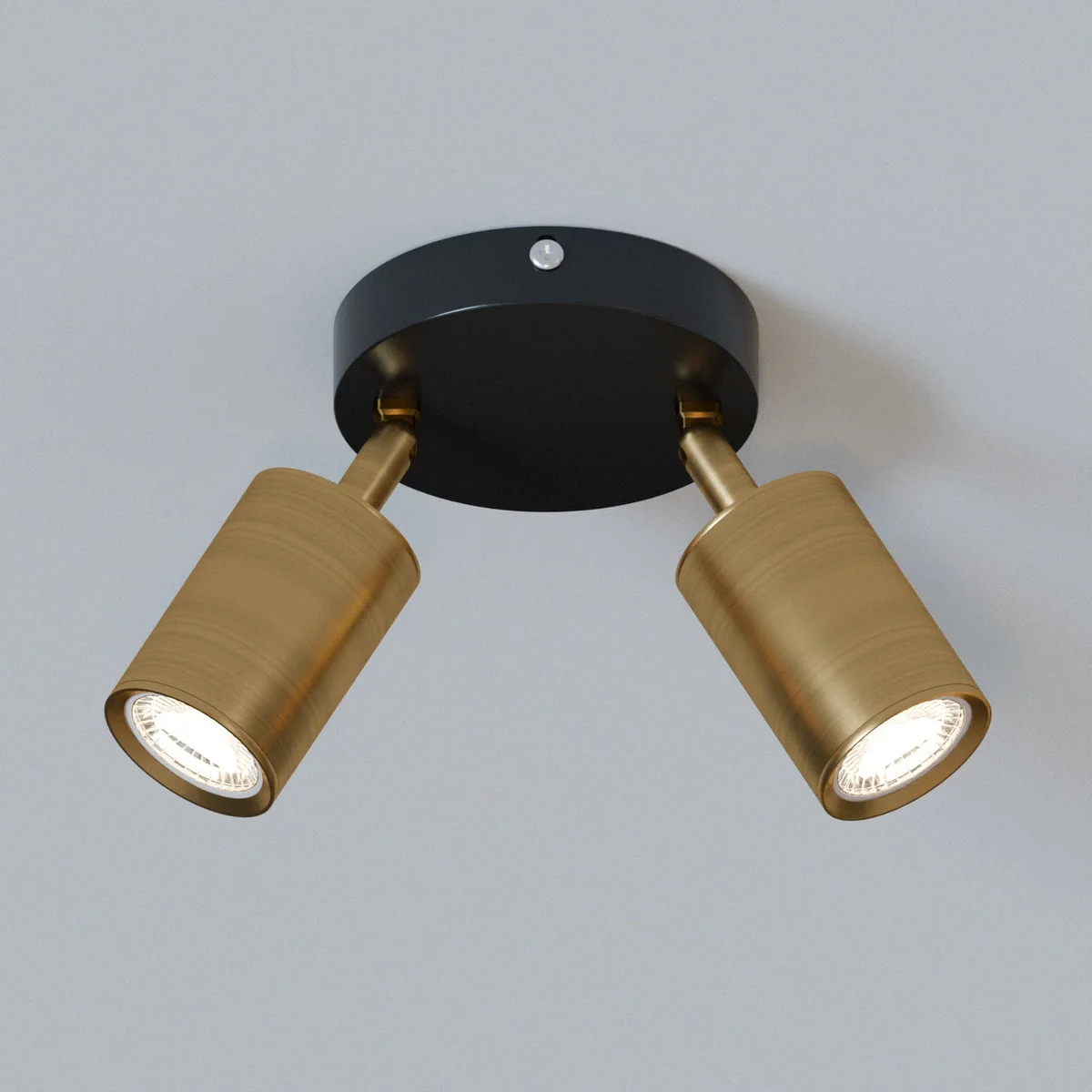 Adjustable ceiling spotlight with two rotatable cylindrical metal heads in modern design, suitable for indoor use