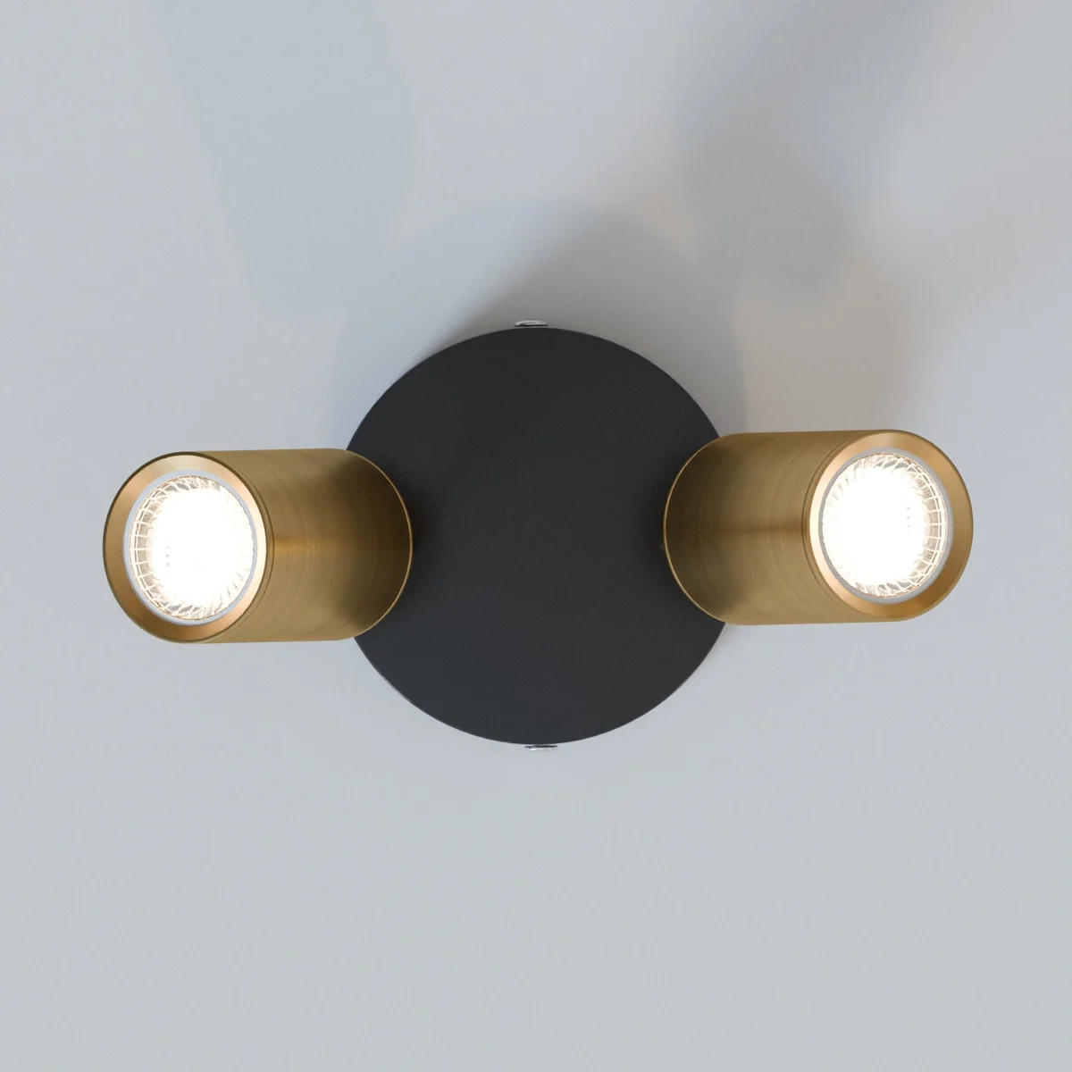 Modern adjustable double head rotatable ceiling light with cylindrical metal spotlight heads and GU10 bulbs installed