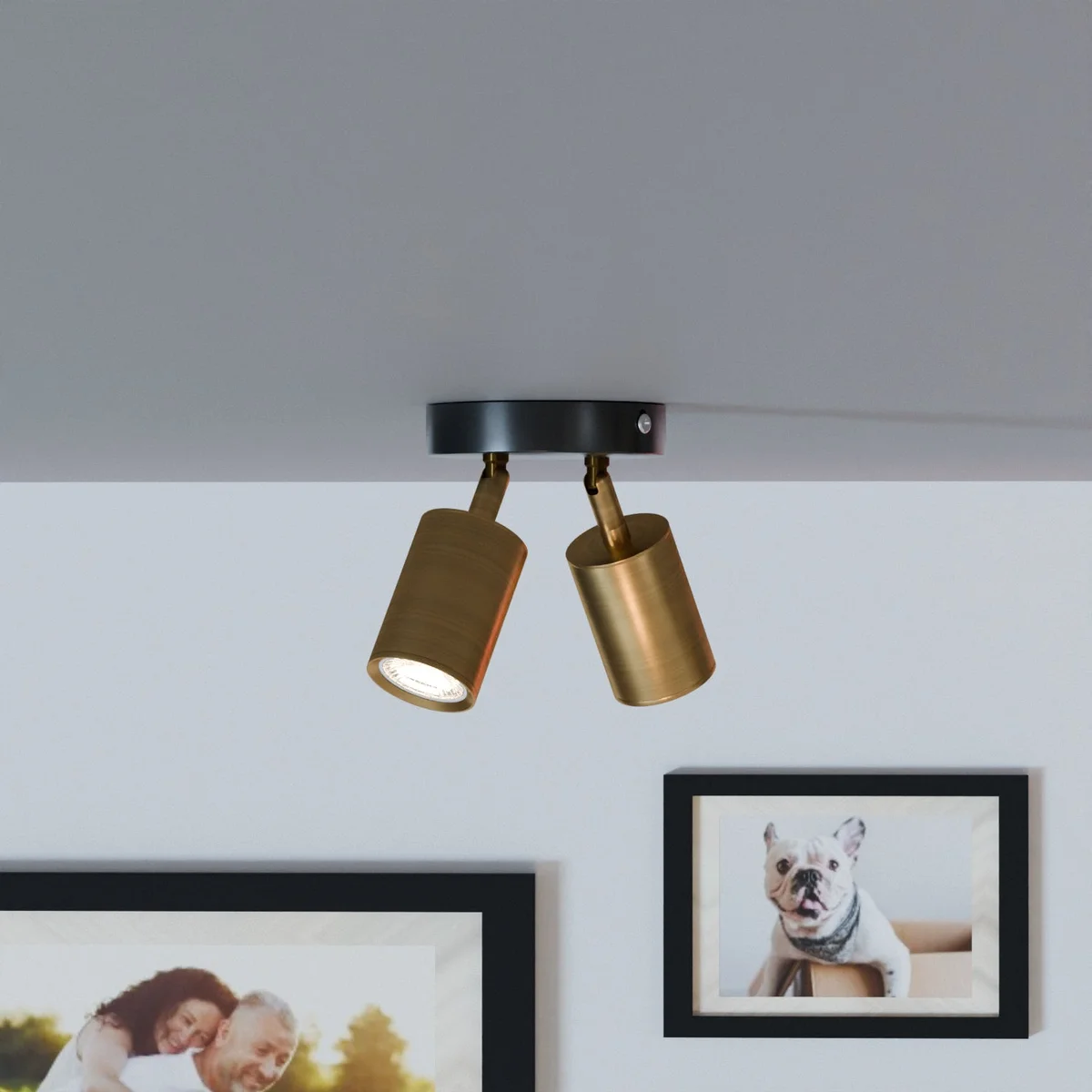 Adjustable double head metal GU10 ceiling spotlight with rotatable cylindrical heads in modern design on white background