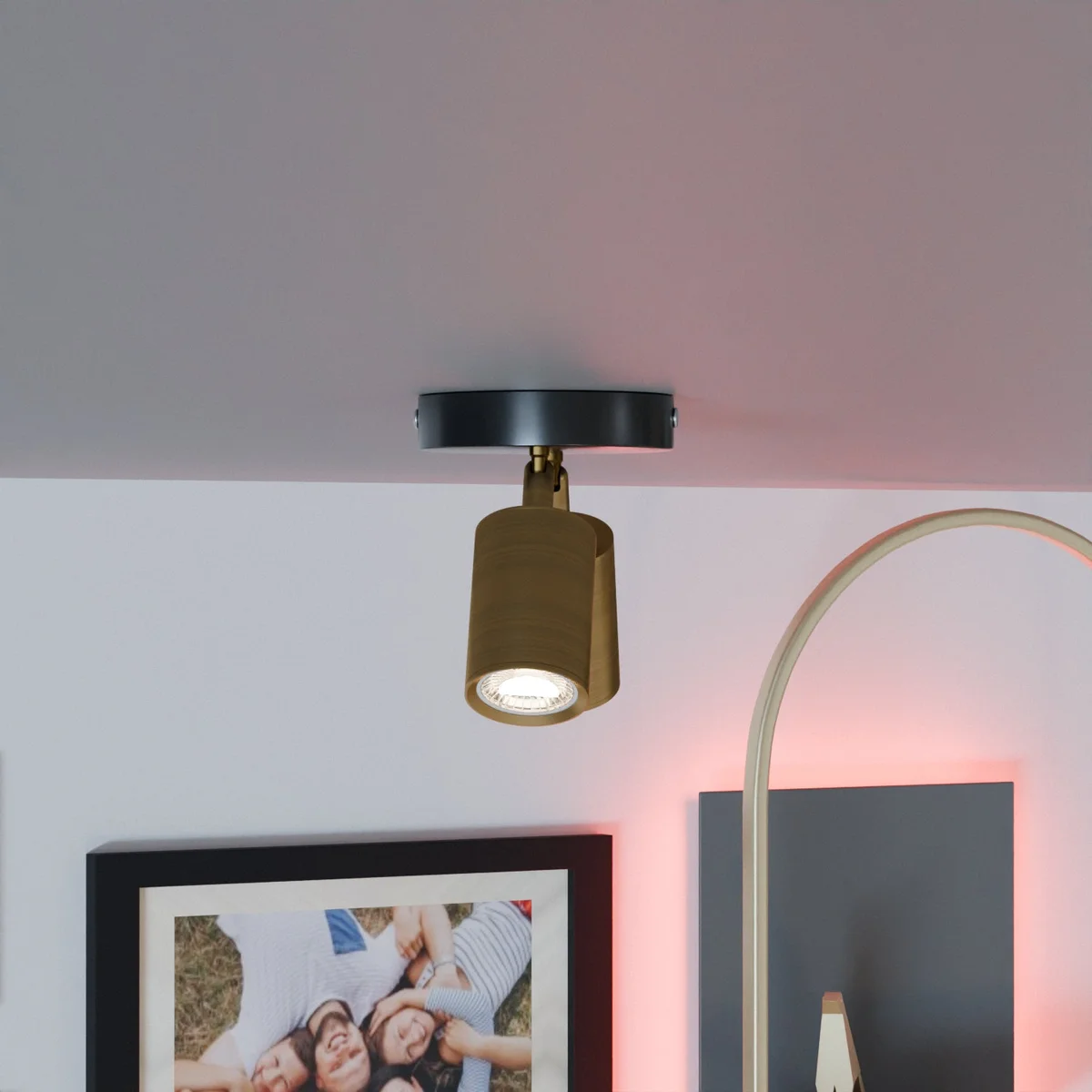 Modern dual head ceiling light with two adjustable cylindrical metal spotlight heads on a rotatable arm mechanism