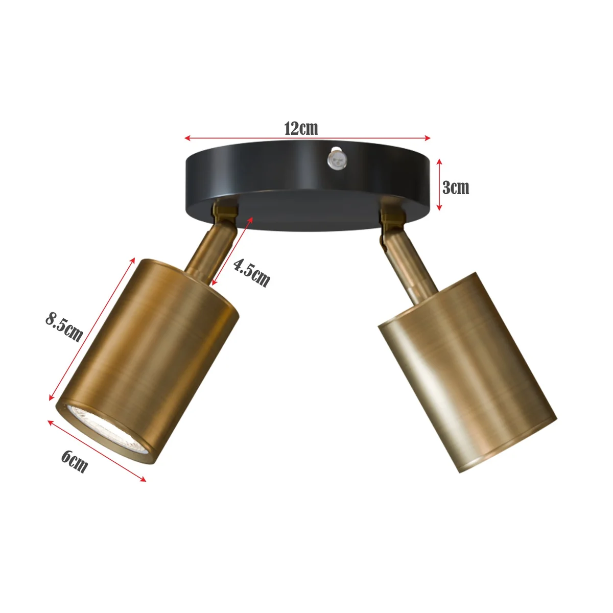 Dual head adjustable ceiling spotlight with rotatable cylindrical metal heads in modern style, mounted on white ceiling