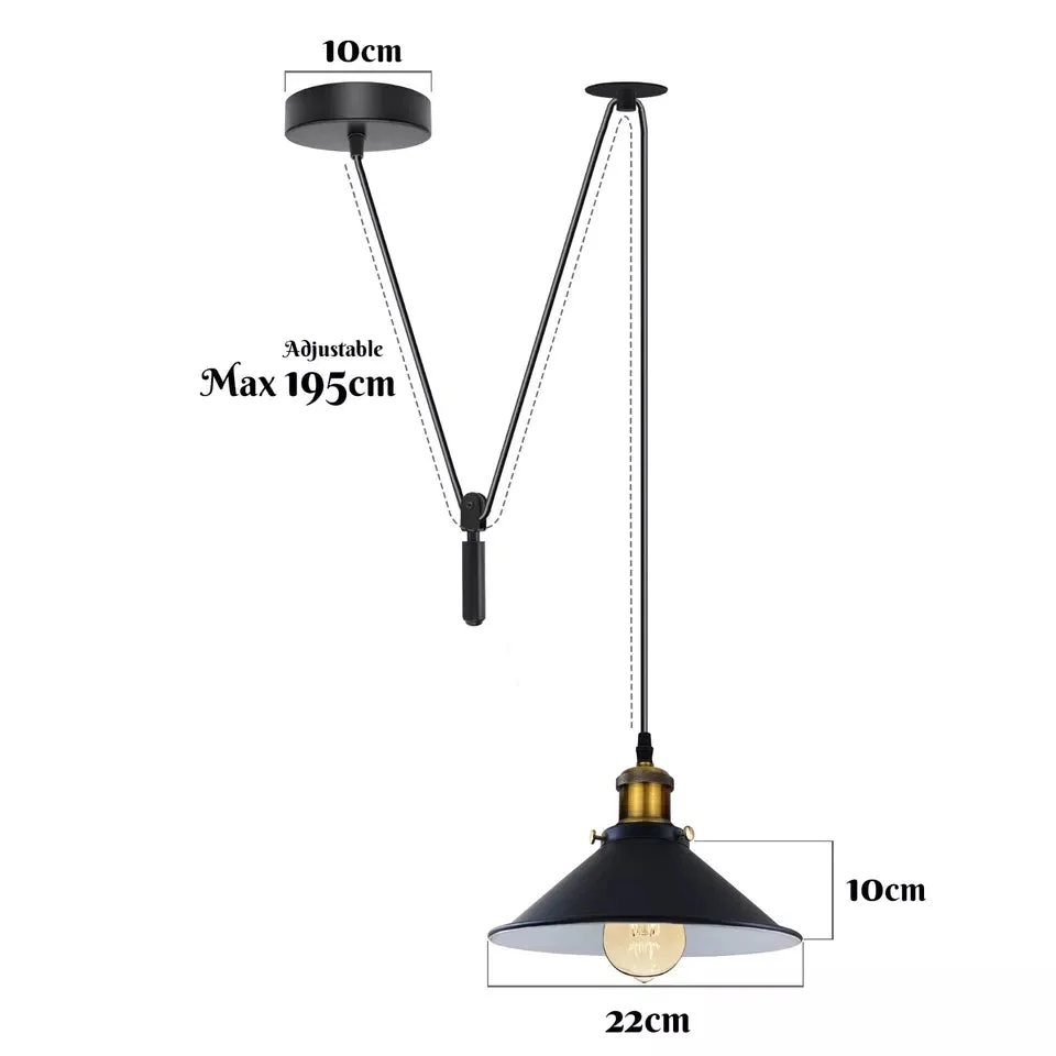 Vintage metal cone shade adjustable cord ceiling light with pulley system, dimmable, E27 bulb holder, industrial style pendant lamp