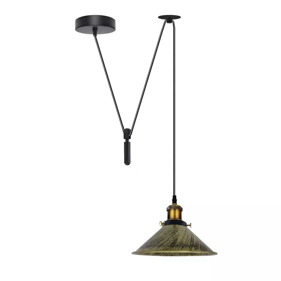 Adjustable metal cone shade pendant light with vintage industrial design and long hanging cord against white background