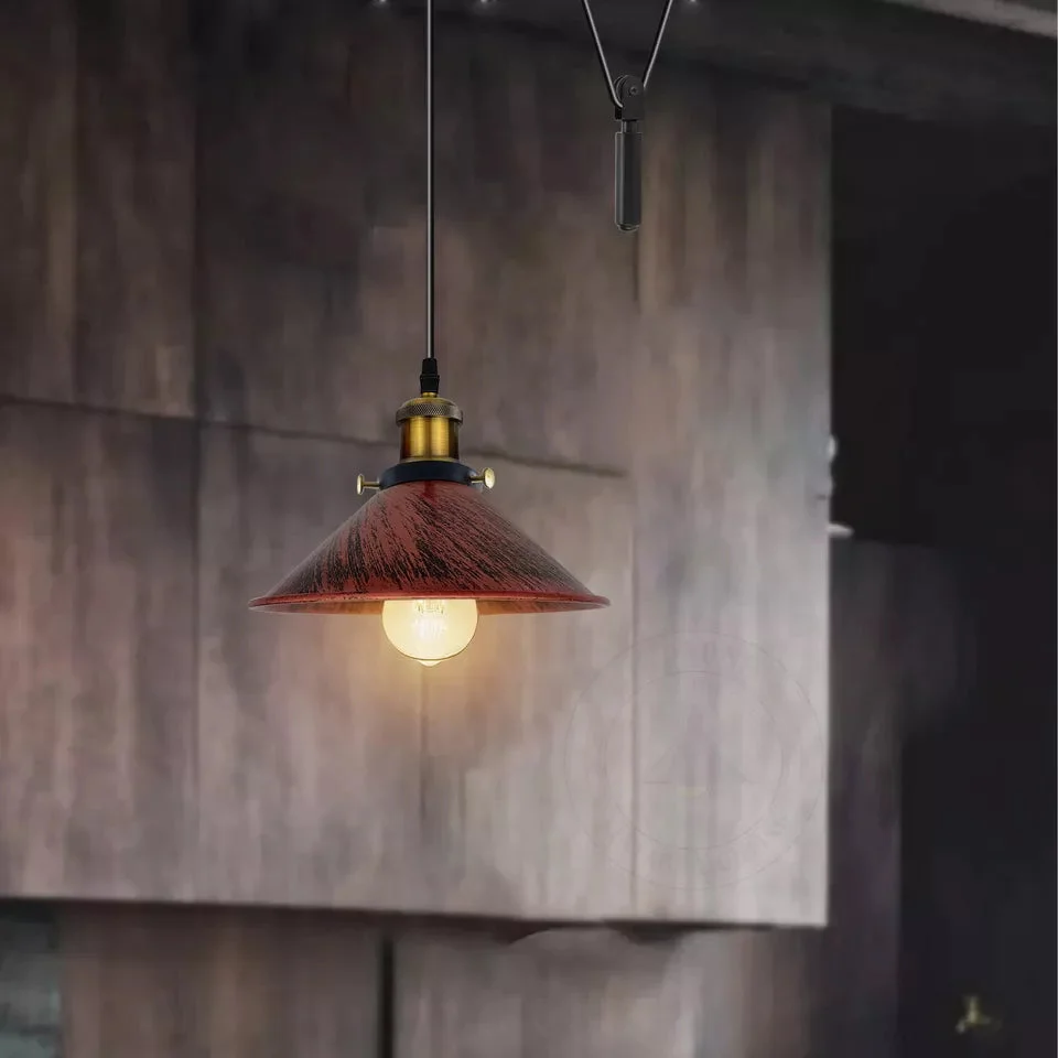 Vintage metal cone shade E27 bulb pendant light with adjustable cord and pulley system hanging from ceiling