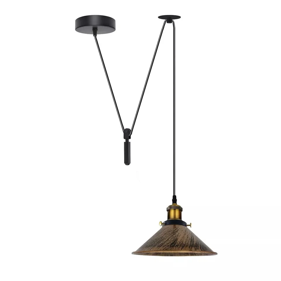 Adjustable vintage metal cone shade industrial style pendant light with pulley cord hanging from ceiling