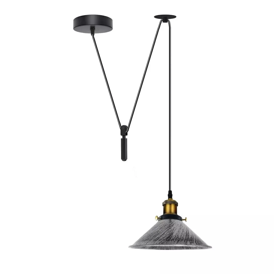 Adjustable vintage pendant light with metal cone shade hanging from ceiling, showcasing pulley cord system and E27 bulb holder