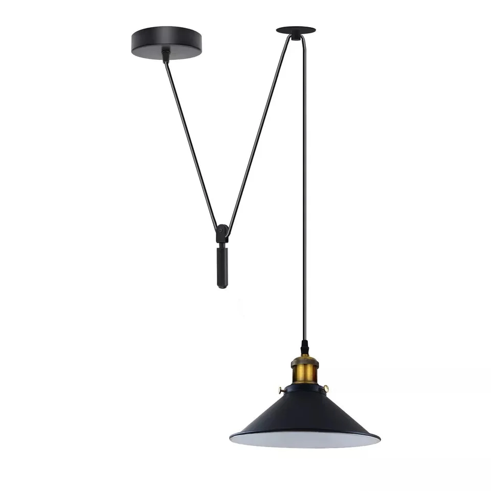 Vintage pendant light with metal cone shade hanging from adjustable cord and ceiling rose against white background