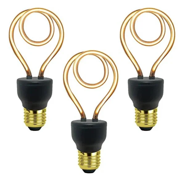 Vintage E27 LED bulb with neon-style filament encased in transparent polycarbonate, glowing warm amber light
