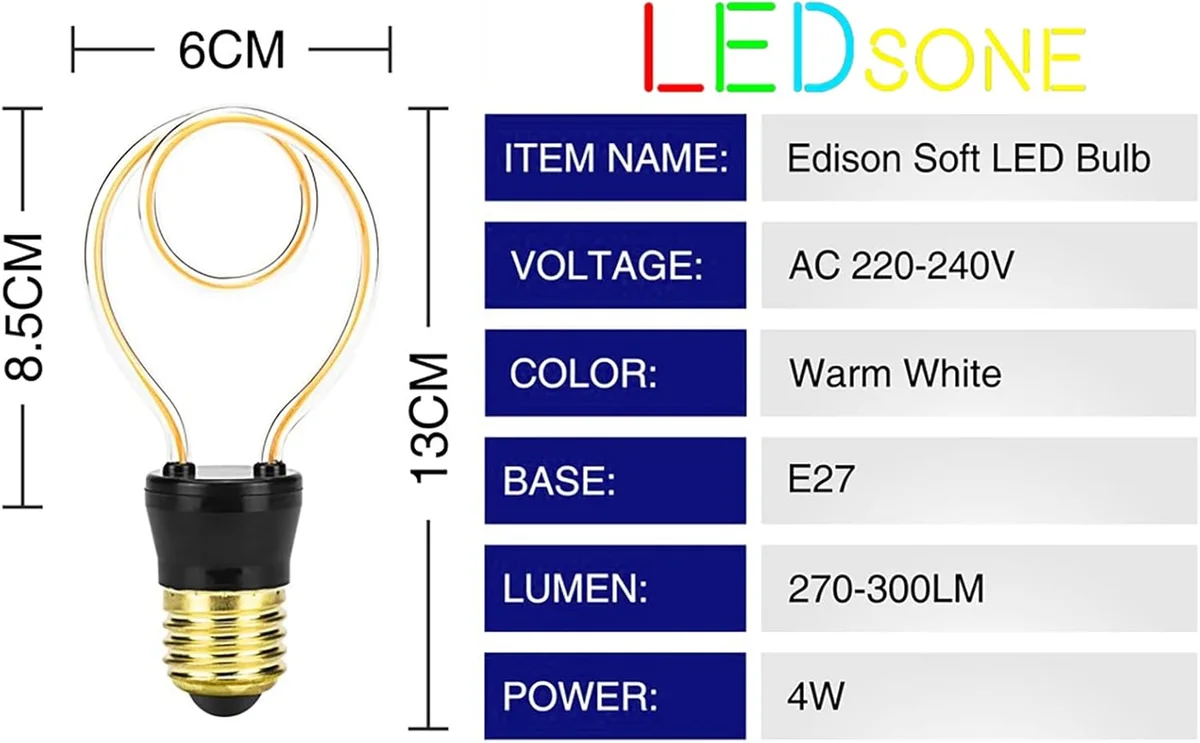 Vintage neon filament bulb with glowing amber curved filament in clear polycarbonate E27 screw fitting design