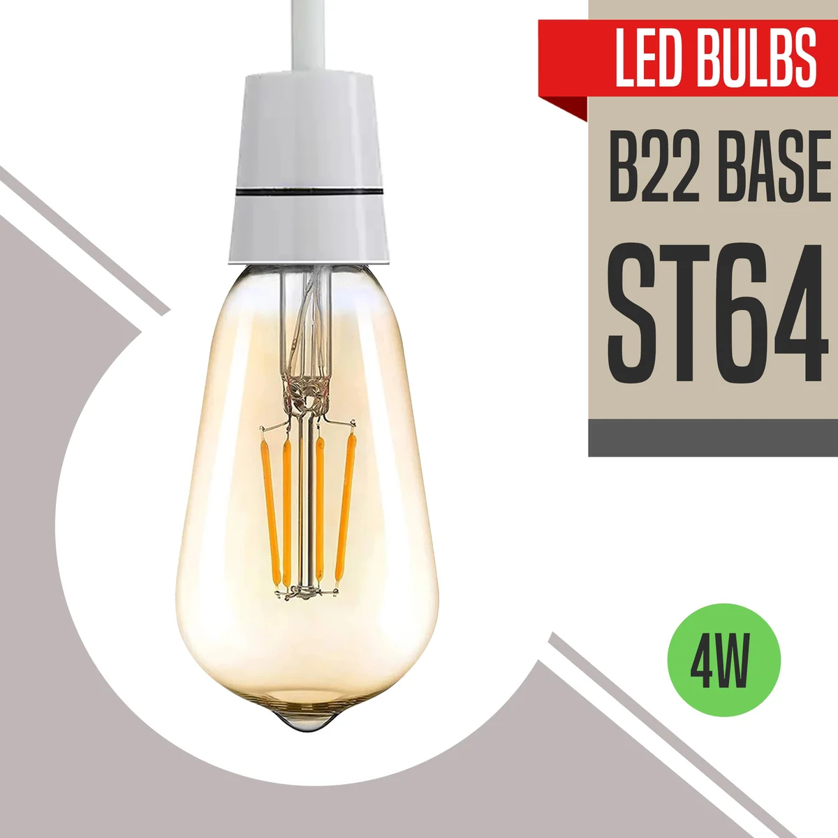Vintage ST64 B22 LED bulb with dimmable warm white light and squirrel cage filament design on a plain background