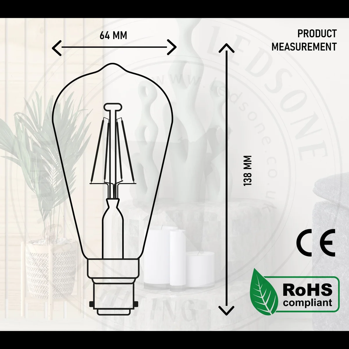 Vintage ST64 B22 dimmable LED bulb with warm white light and visible squirrel cage filament design on a white background