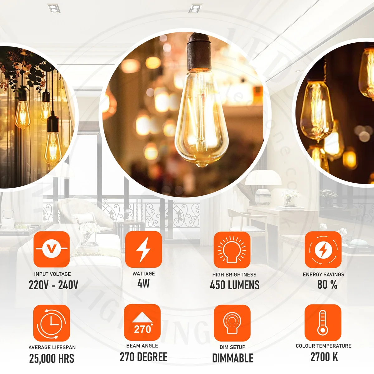 Vintage ST64 B22 warm white LED bulb with dimmable squirrel cage filament, glowing softly in warm 2200K light
