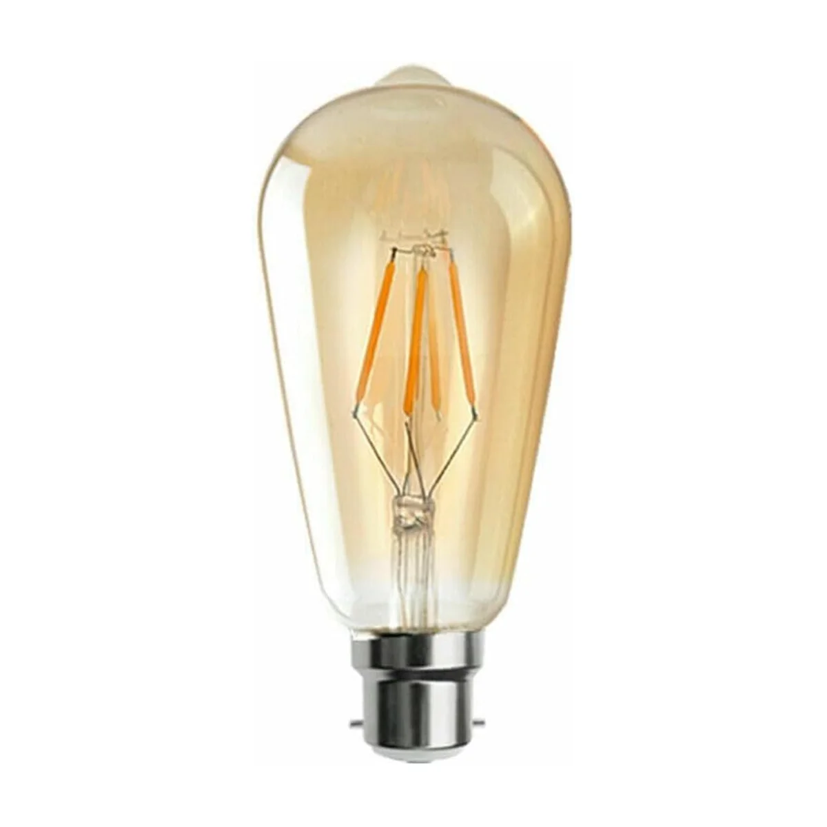 Retro LED light bulb with B22 bayonet base, glowing warm white inside a clear glass squirrel cage design