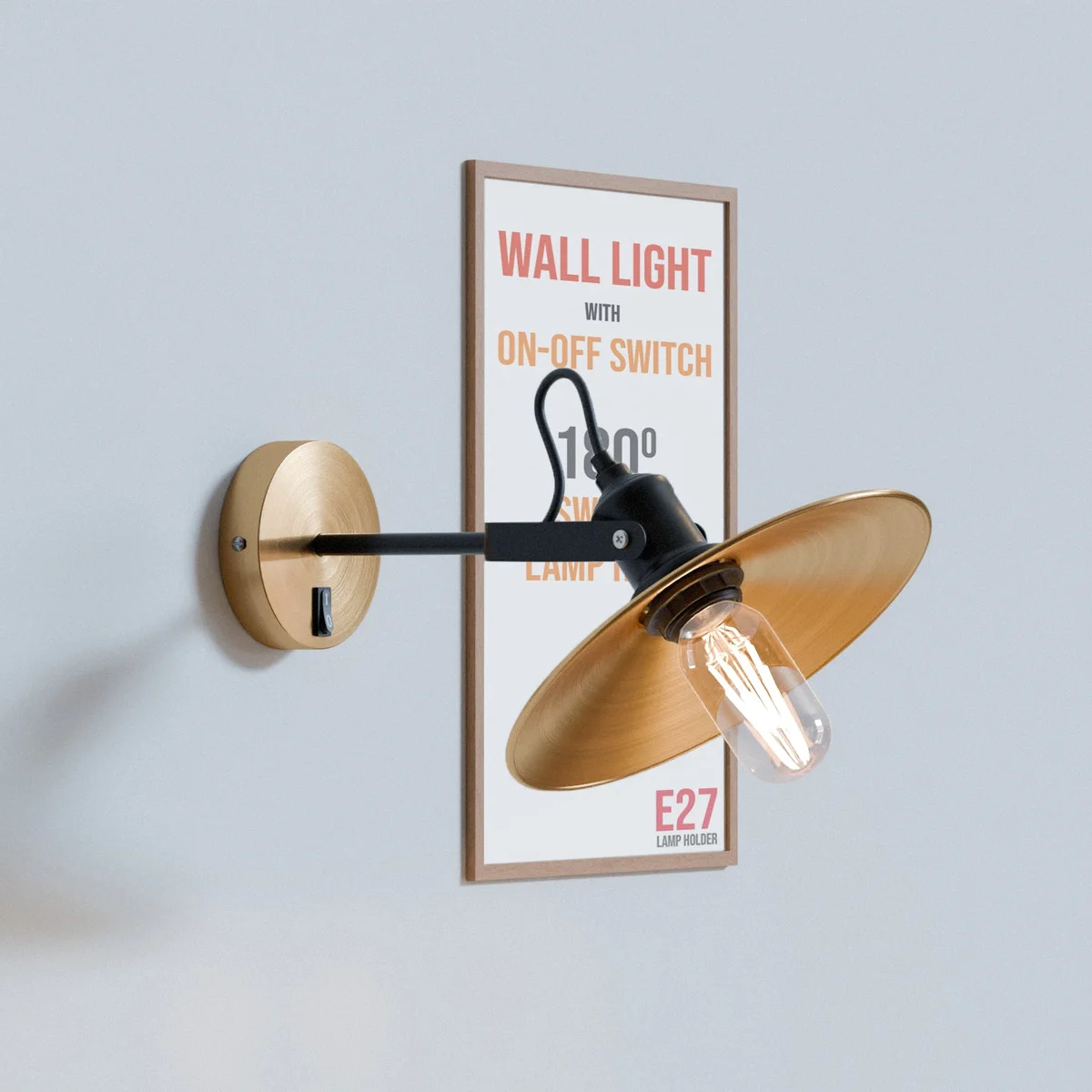 Industrial wall sconce with adjustable 180° swivel metal arm and E27 bulb socket in sleek industrial design