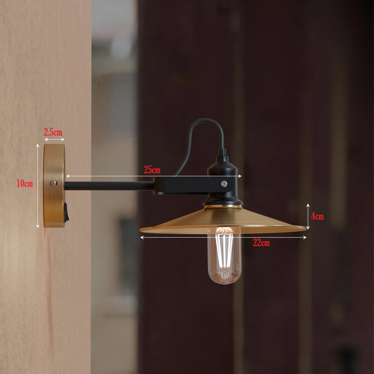 Industrial adjustable wall light with metal swivel arm and E27 bulb socket in sleek industrial style, wall mounted design