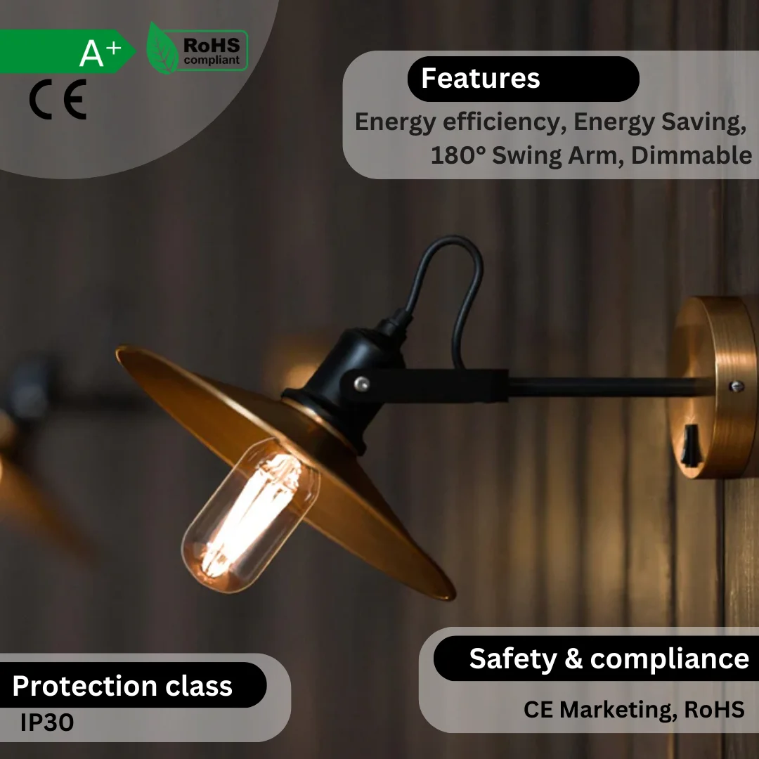 Industrial adjustable swivel wall sconce in metal with LED E27 wall lamp, showing rotatable lamp head on white background