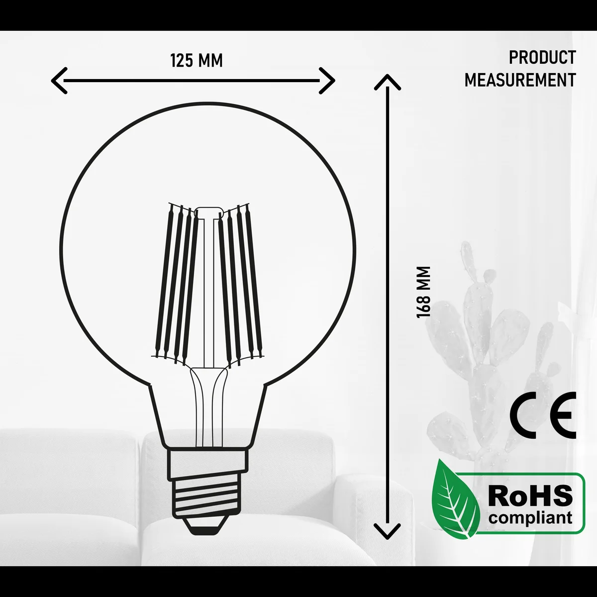 E27 LED bulb with amber glass globe and vintage filament, dimmable 8W G125 Edison style bulb on white background