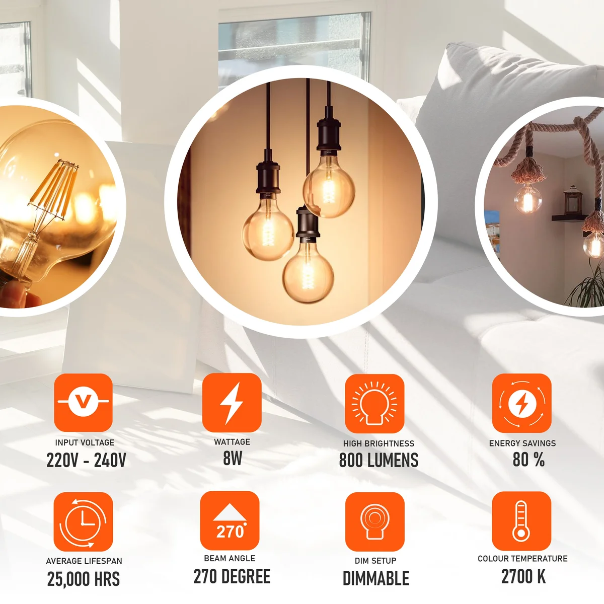 Vintage LED bulb with amber glass and visible tungsten filament, E27 screw base, warm 2700K glow, dimmable design