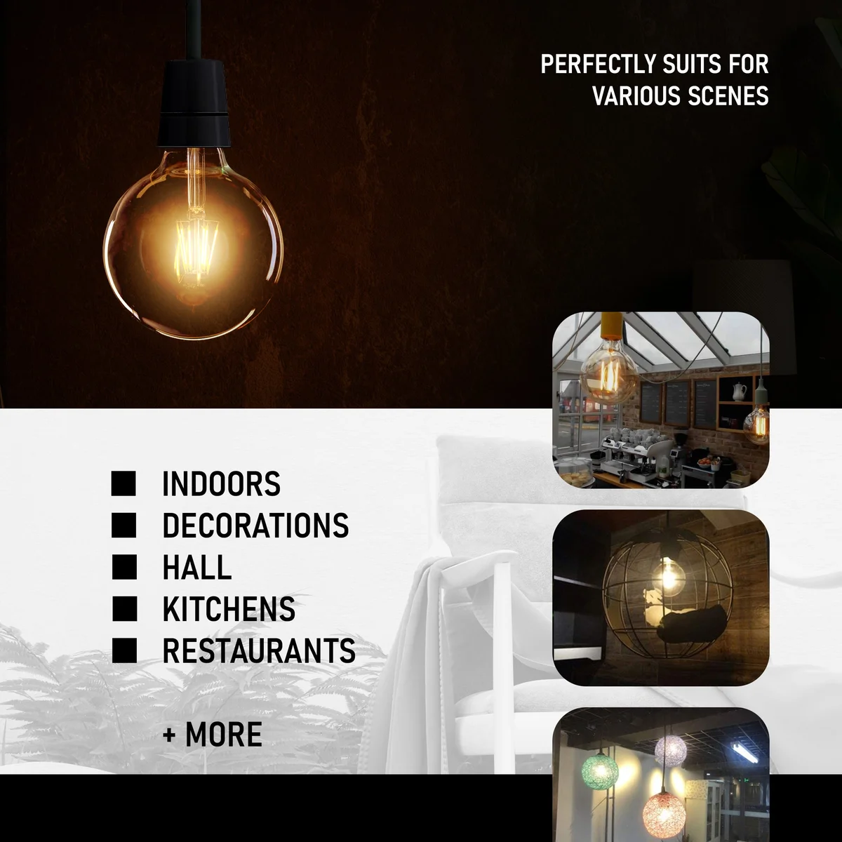 Vintage LED bulb G125 with amber glass and E27 screw base glowing warmly against a dark background